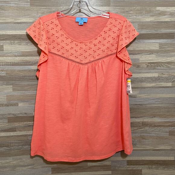 CeCe Eyelet Flutter Sleeve Top Women's Large Coral Lightweight - Picture 1 of 5
